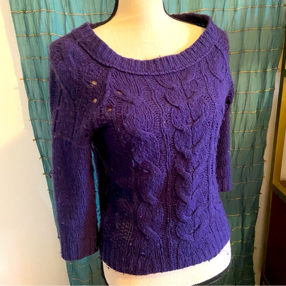 Loft Purple Cotton/Wool Blend Cable Knit Sweater